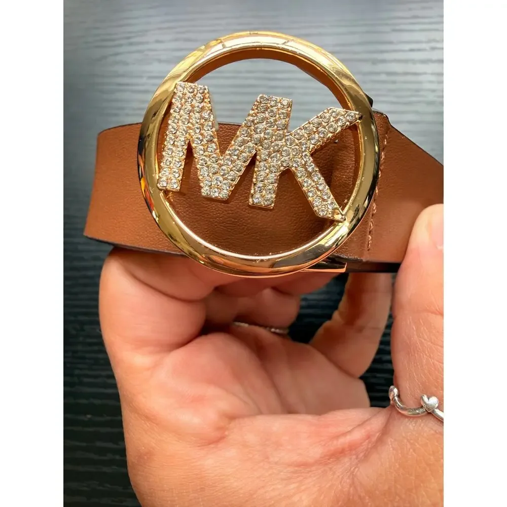 Authentic Michael Kors Brown Leather Belt Gold Crystal MK Buckle S/M READ BELOW